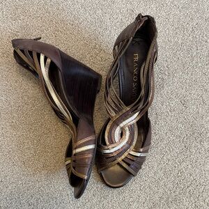Franco Sarto Brown and Gold Strappy Wedges